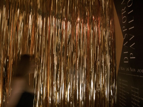 susan pui san lok, Untitled (Pavilion), 2017, and Songs I-VI, 2005-2017. Installation with shimmer curtains and sound works.